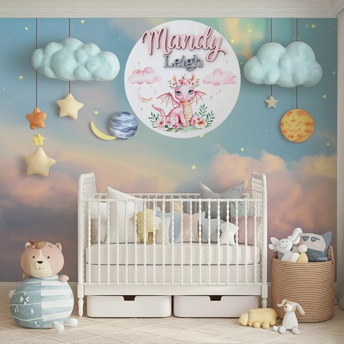 Personalized Wooden Name Signs for Nursery, Pink Dragon Sign for Baby Door Decor, Newborn Gifts for Girl, Girls Nursery Wall Bedroom Decorations, Mother's Day Gifts for New Mom Dad Gift