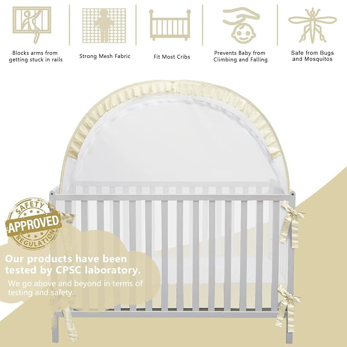 Baby Safety Crib Tent, Pop Up Canopy for Crib to Stop Baby from Climbing Out, Infant Mesh Cover Mosquito Net with Sturdy Frame & Soft Mesh, Beige, (R07-beige)