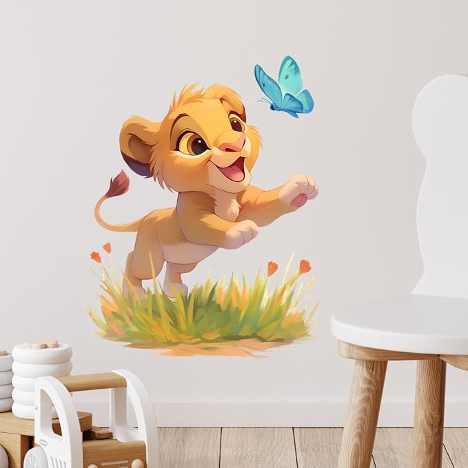 Baby Lion and Butterfly Wall Decals Removable Cartoon Animal Vinyl Stickers for Nursery Kids Bedroom and Playroom Decor Peel and Stick Wall Art
