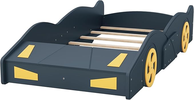 SOFTSEA Twin Car-Shaped Platform Bed with Storage and Wheels, Twin Race Car Bed Frames with Storage for Kids, No Box Sping Needed, Black+Yellow