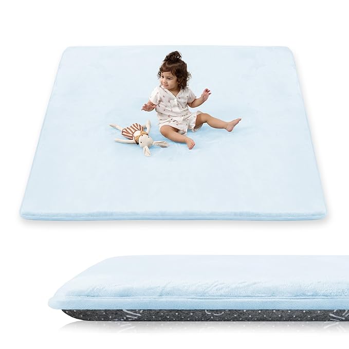 1.5" Thick Baby Play Mat for Floor, 50x50 Playpen Mat, Pro Soft Flannel Foam Mats Toddler Infant Kids Crawling for Nursery Rug Playroom Living Room Waterproof Easy Care Non-Slip (Baby Blue)