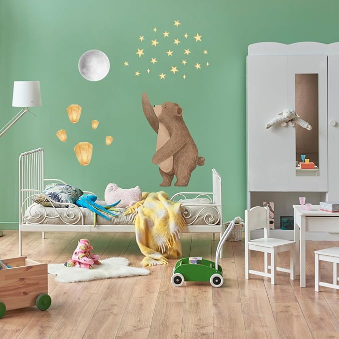 Cute Bear Wall Decals with Moon & Stars - Removable Nursery Wall Stickers for Baby Kids Room, Waterproof Animal Wall Art Decor, Easy to Apply Bedroom Living Room Playroom Murals