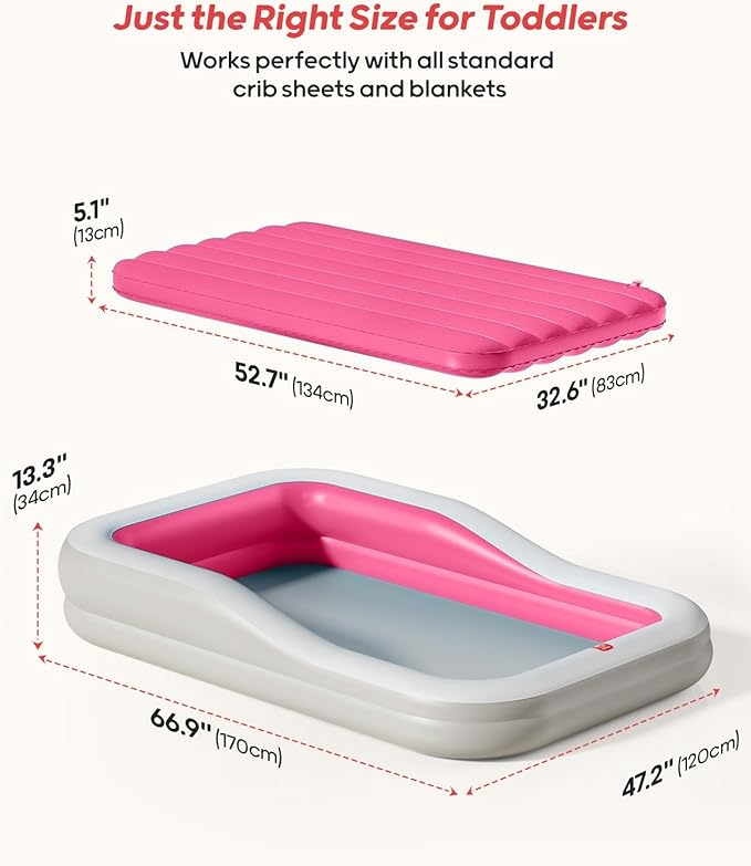 QPAU Inflatable Toddler Travel Bed with 3-Sided Safety Bumpers, Extra Large Kids Air Mattress, Includes Detachable Mattress, Portable for Camping, Travel, Home Use (Red)