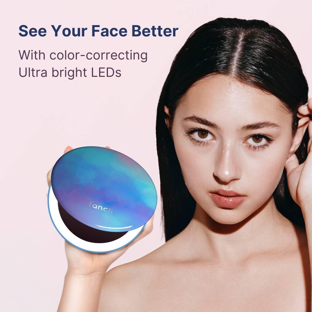 Fancii Taylor Travel Makeup Mirror with LED Light, Rechargeable, 10x /1x Magnifying & 3 Light Settings - Compact, Large 5” Wide Mirror for Handbag and Purses (Lavender Lagoon)