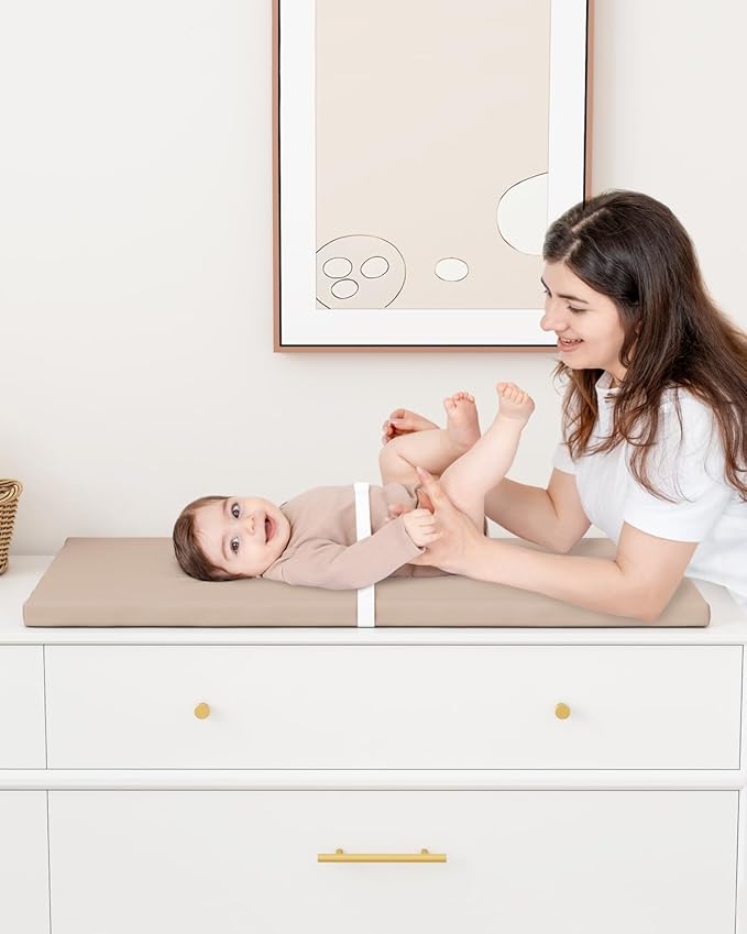 YACODAVO Wipeable Baby Changing Pad for Dresser and Table, Cozy Diaper Changing Pad with Waterproof & Wipe-Clean Leather Cover, Standard Size (31.5" L x 15.8" W), Light Brown