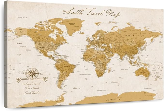 ElephantStock - Personalized Travel Push Pin World Map Wall Art - Horizontal Canvas Wall Art - Living Room Wall Decor - Digital Art Map Canvas Art - Orange And Beige Decor - 36" x 24"