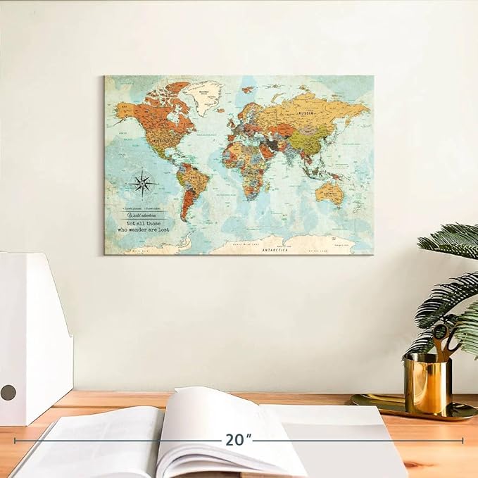ElephantStock - Personalized Wanderer Push Pin World Map Wall Art - Horizontal Canvas Wall Art - Living Room Wall Decor - Digital Art Map Canvas Art - Orange And Blue Decor - 12" x 8"