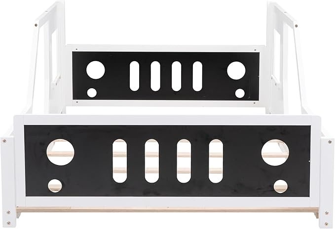 Full Car Bed, Full Size Kids Bed, Classic Car-Shaped Platform Bed with Wheels, Wood Full Montessori Bed, Full Floor Bed Frame for Boy Girls, White+Black