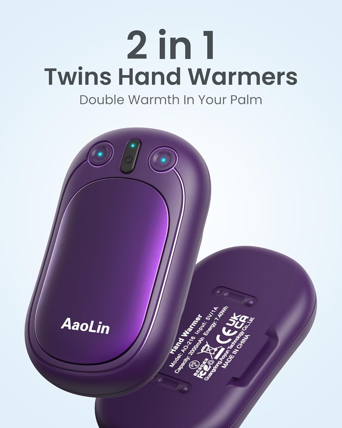 AI Hand Warmers Rechargeable, AaoLin 2 Pack Electric Hand Warmers Reusable, 12Hrs Long Heating, Portable Pocket Handwarmer Great Gift for Outdoors, Camping, Golf, Hunting Gear