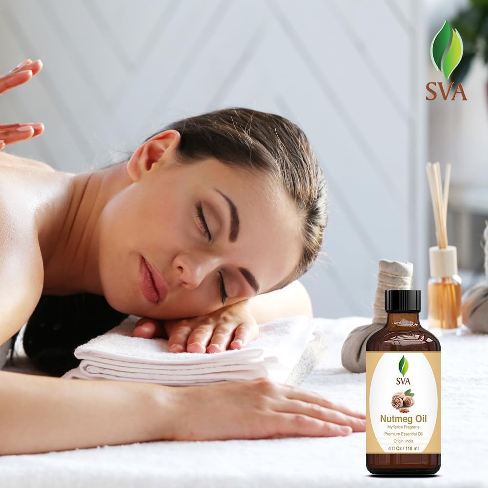 SVA Nutmeg Essential Oil – 4 Fl Oz – 100% Natural Nutmeg Oil - for Diffuser, Hair Care, Face, Skin Care, Aromatherapy, Scalp and Body Massage, Soap and Candle Making – with Dropper