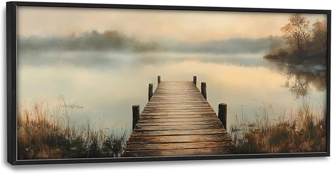 Olivine Large Wall Art, Retro Lake Pictures Wall Decor, Pier Painting, Nature Landscape Canvas Prints, Framed Artwork for Bathroom Bedroom Living Room Office Home Decoration 60"x30"