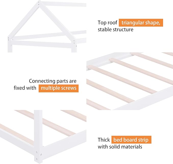 Merax Wood House Bed,Floor Bed with Wood Slats,No Box Spring Needed,Twin Size, White