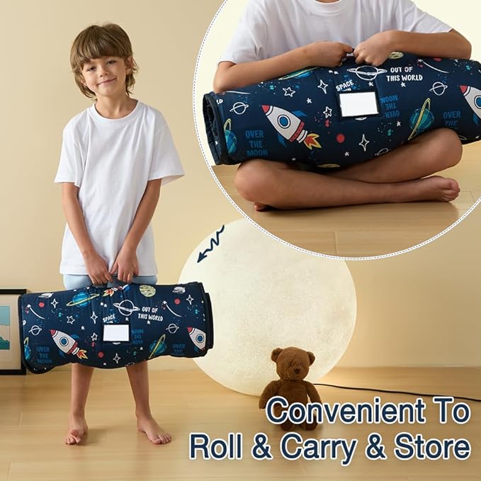 beeweed Toddler Nap Mat, Rollup Design Kid Sleeping Mat with Removable Pillow & Minky Blanket, Toddler Sleeping Bag for Daycare Preschool Travel Camping