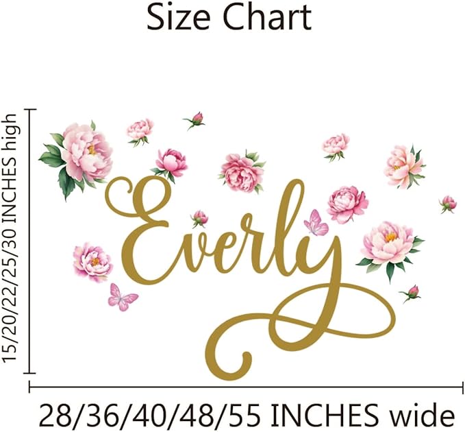 Custom Peony Flower and Butterfly Wall Decal – Personalized Name Sticker for Girl’s Room, Nursery Decor, Floral Bedroom Wall Art