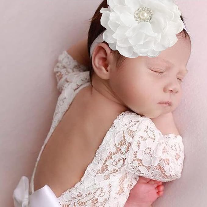 Newborn Girl Photography Outfits, Backless Lace Romper with Flower Headband Photo Props, Baby Girl Photoshoot Outfits
