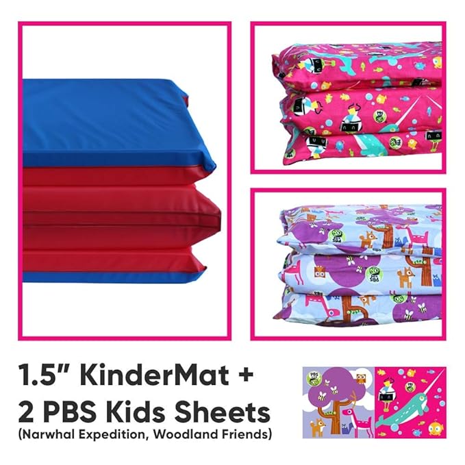 KinderMat + PBS Kids Friends Kit - 1.5" Thick Full Nap Mat and 2 Washable Covers - 47" x 22", Narwhal Expedition and Woodland Friends - Value Bundle Great for Daycare & Family Households