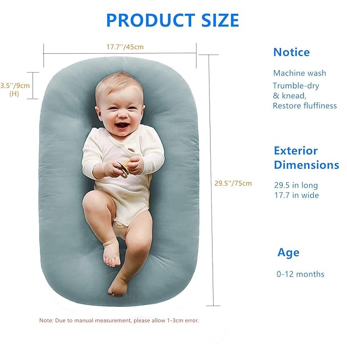 Baby Lounger 0-24 Months 100% Cotton-Snuggle Cozy Me Lounger,Soft & Breathable Tummy Time Mat for Newborn Infant Play Mat,Babies Essentials Gifts,Blue(Lounger Cover Included)