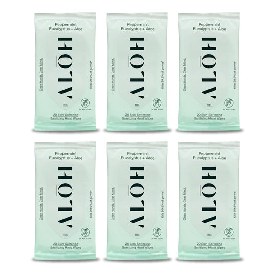 ALŌH Peppermint Eucalyptus Sanitizing Hand Wipes - Clean Hands, Clear Mind On The Go Sanitizer for Kids and Adults - Travel Size 6 packs of 20ct Wipes (120 Wipes)