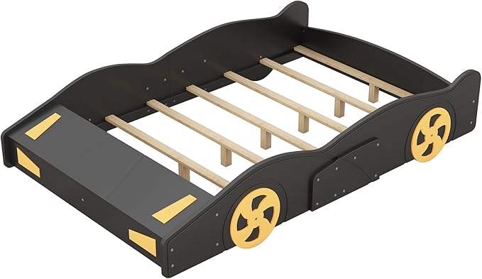 SOFTSEA Full Car Shaped Bed Frame with Storage for Boys Car Bed Frame with Storage, Wood Race Car Platform Bed with Wheels, No Box Spring Required, Black+Yellow