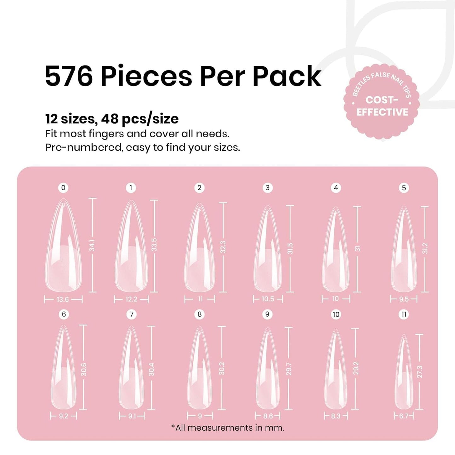 Beetles Gel Nail Tips Etch-X, Stiletto Medium, 576Pcs 12 Sizes, Pre-Etched Half Matte Full Cover Soft Acrylic Fall Halloween False Nail Tips Easy DIY Press On Nail Extensions Salon Gift for Women
