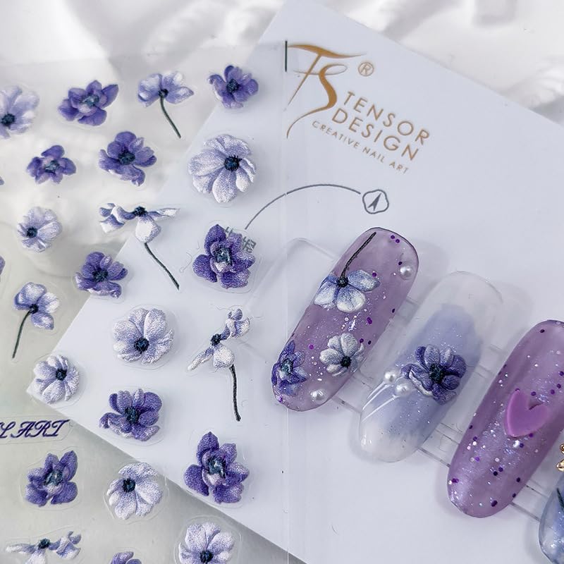 Flower Nail Art Stickers 5D Embossed Purple Floral Nail Stickers for Nail Art Self-Adhesive Nail Design Stickers 1 Sheets Nail Art Decoration Nail Supplies Accessories (1, Purple Flower)