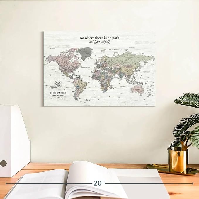 ElephantStock - Personalized Leave A Trail Iii Push Pin World Map Wall Art - Horizontal Canvas Wall Art - Living Room Wall Decor - Digital Art Map Canvas Art - White And Gray Decor - 12" x 8"