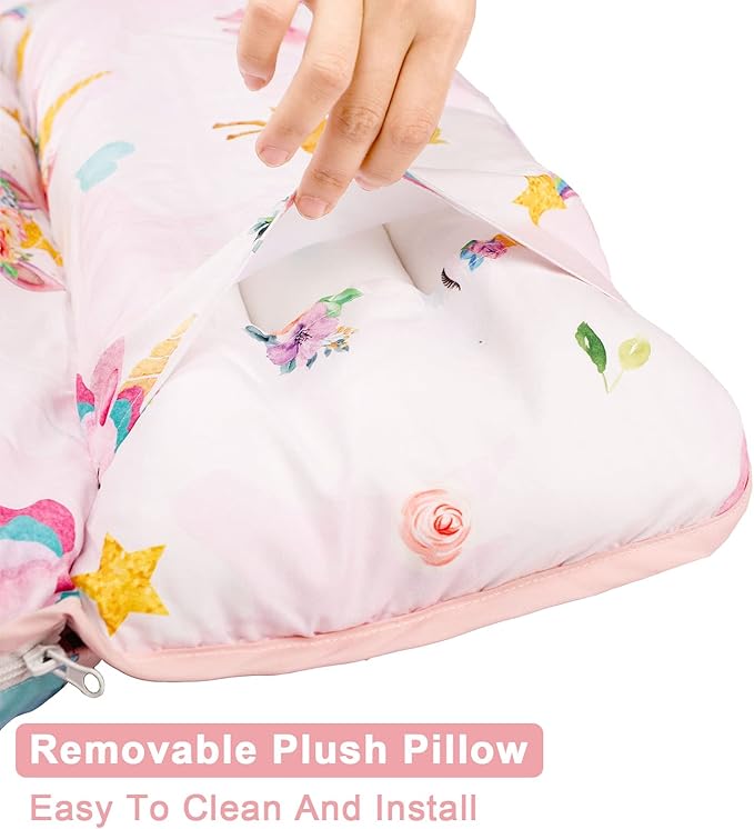Toddler Nap Mat with Removable Pillow and Soft Dot Minky Blanket Pea Pod Kids Unicorn Napping Mats, Extra Large Rolled Slumber Bags for Girls Preschool, Daycare, Camping, 22 x 54inches Ages 3-7 Years