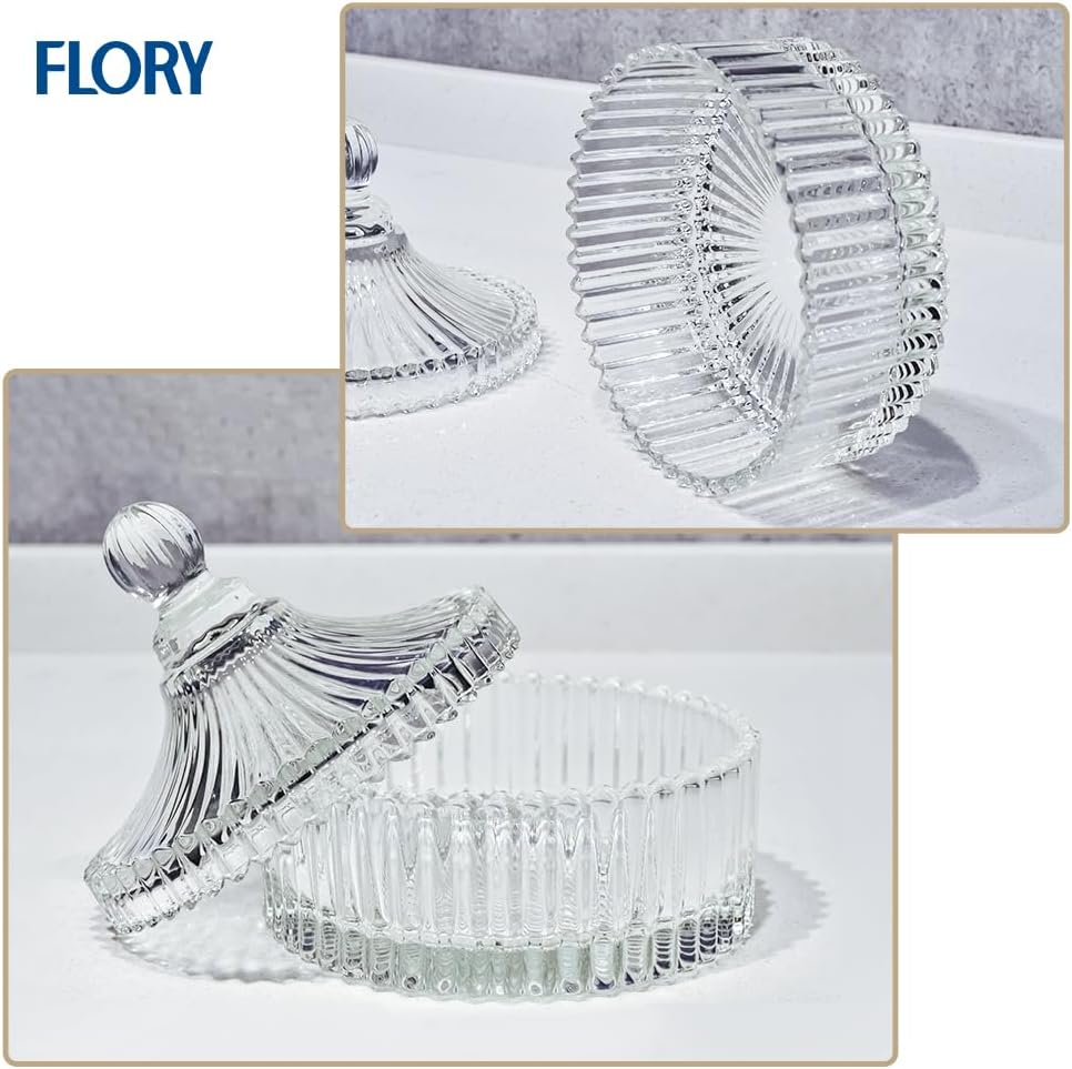 R FLORY 2 Pack Qtip Holder Apothecary Jars with Lids Glass Q Tip Holder for Bathroom Set Decorative Jars Crystal Bowl Jar Organizer for Cotton Swabs, Balls, Pads, Floss Picks (Transparent 10+24oz)