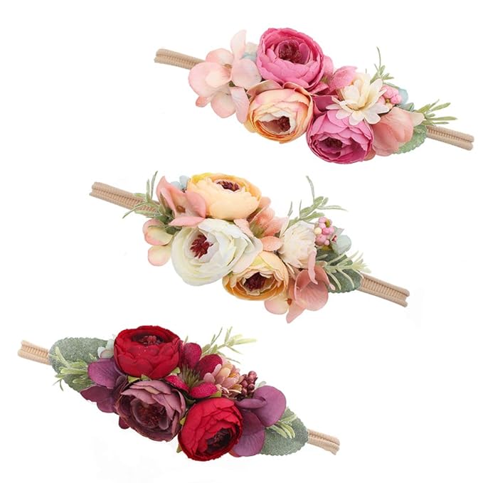Baby Girl Floral Headbands- 3pcs Nylon Headband Handmade Flower Crown Elastic Hairband Newborn Toddler Hair Accessories Gifts for Girls （1-6 years old）
