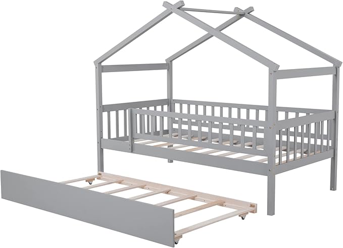 Twin House Bed with Trundle, Kids Twin Platform Bed Frame with Rails and Roof, Tent Bed, Wood Playhouse Bed Twin Montessori Bed for Kids Teens Girls & Boys, No Box Spring Needed (Gray)