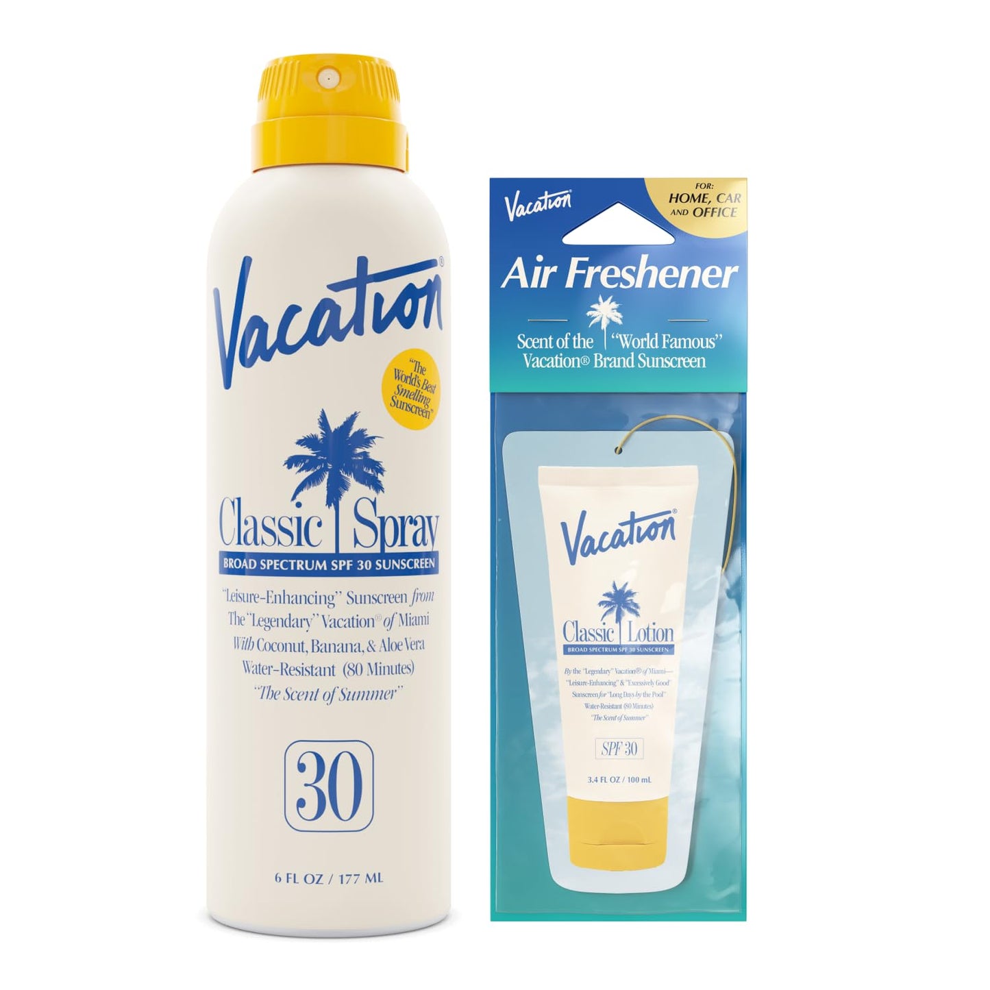 Vacation Classic Sunscreen Spray SPF 30 & Air Freshener Bundle, Water-Resistant, Lightweight, Transparent on All Skin Tones, Dermatologist-Tested, Vegan, 6 Fl. Oz.