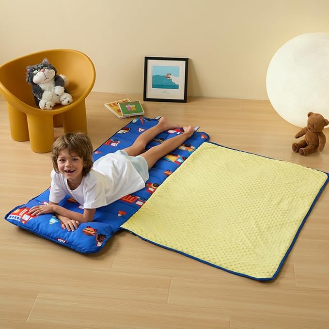 beeweed Toddler Nap Mat, Rollup Design Kid Sleeping Mat with Removable Pillow & Minky Blanket, Toddler Sleeping Bag for Daycare Preschool Travel Camping