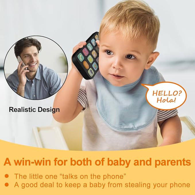 Bilingual Baby Phone with Sounds and Light, English/Spanish, Fun Early Learning Kids Smart Phone Toy for 6-12 Months, Gift for 1 Year Old Boys Girls Toddler Infant, Black