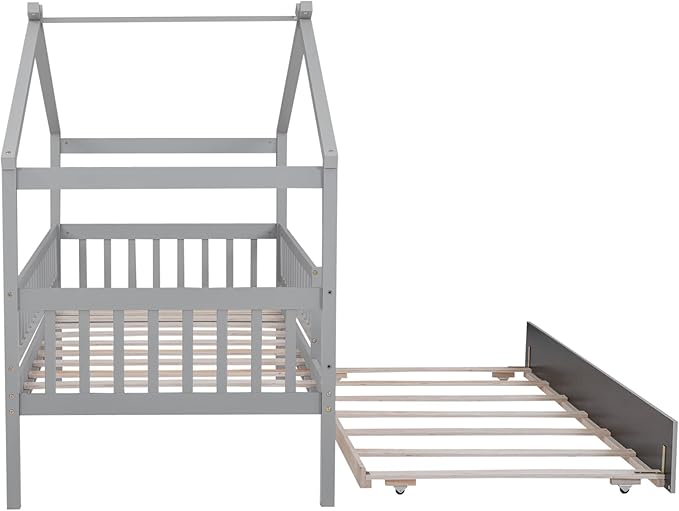 Twin House Bed with Trundle, Kids Twin Platform Bed Frame with Rails and Roof, Tent Bed, Wood Playhouse Bed Twin Montessori Bed for Kids Teens Girls & Boys, No Box Spring Needed (Gray)
