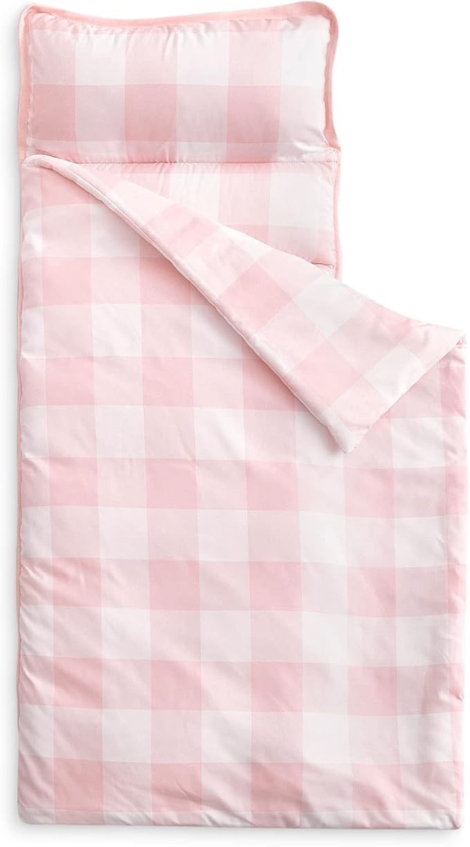 Wake In Cloud - Toddler Nap Mat with Pillow and Blanket, for Kids Boys Girls Ages 3 Plus in Kindergarten Daycare Preschool, Roll Up Sleeping Bag, Gingham Plaid Grid