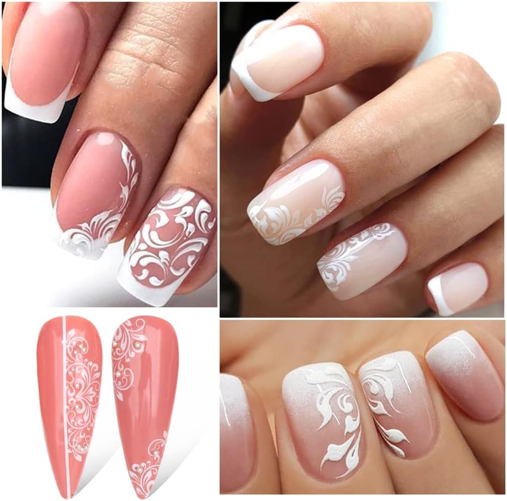 Flowers Nail Decals 3D Self-Adhesive White Floral Nail Art Stickers Wedding Lace Floral Nail Supplies Retro Vine Leaf Pattern Design Luxury Crown Nail Decorations for Women Girls(373-384 White)