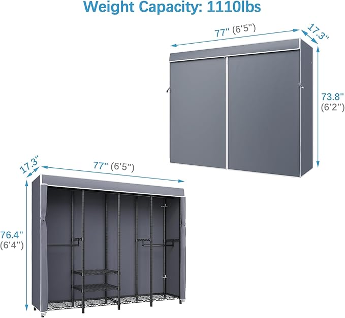 VIPEK V40C Covered Clothes Rack Heavy Duty Clothing Rack with Cover, Custom Freestanding Closet Portable Wardrobe Closet for Bedroom, Large Black Coset Rack with Grey Oxford Fabric Cover