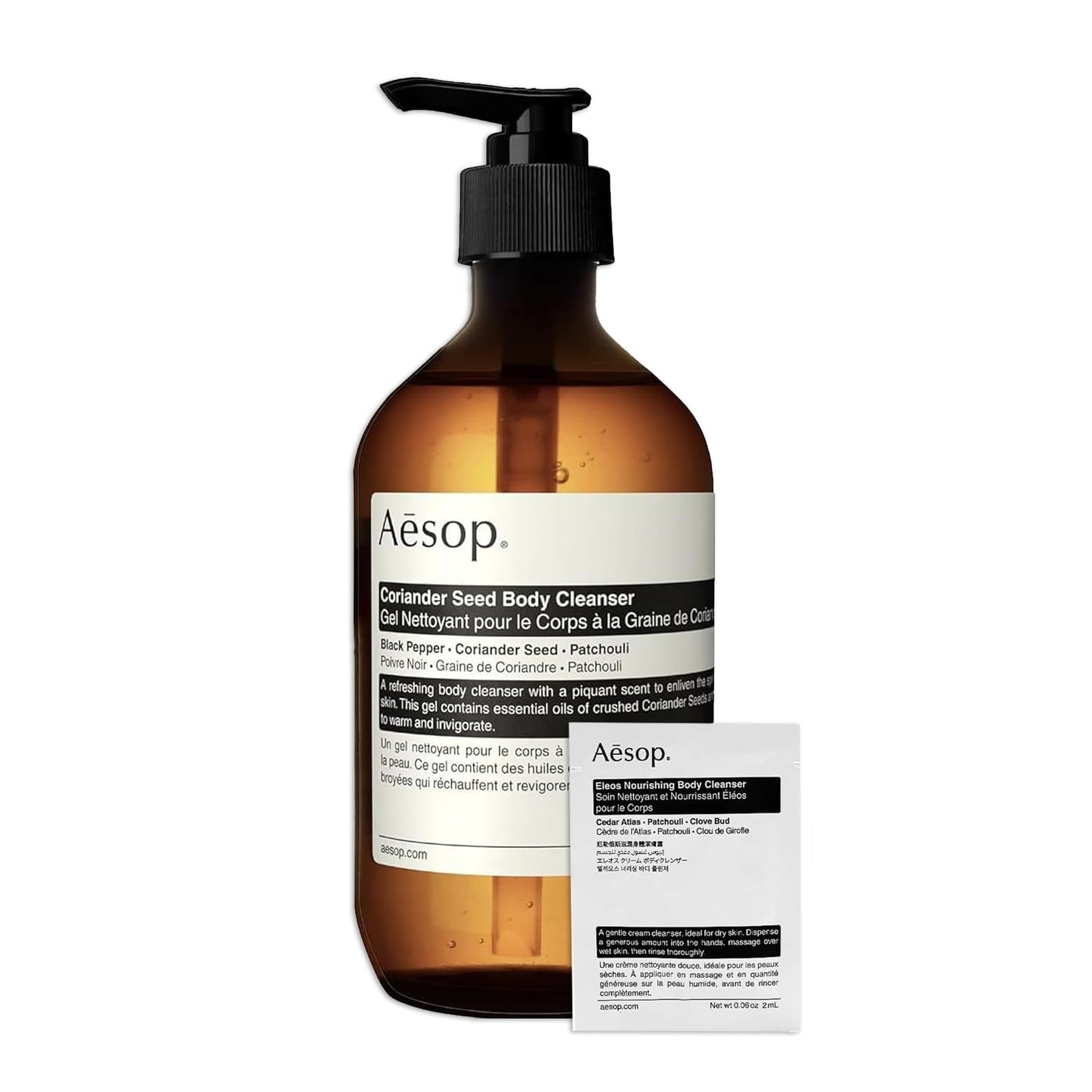 Aesop Coriander Seed Body Cleanser | Refreshing & Invigorating | Spicy, Woody, Warm | 16.9 oz / 500mL + Eleos Nourishing Body Cleanser Sample