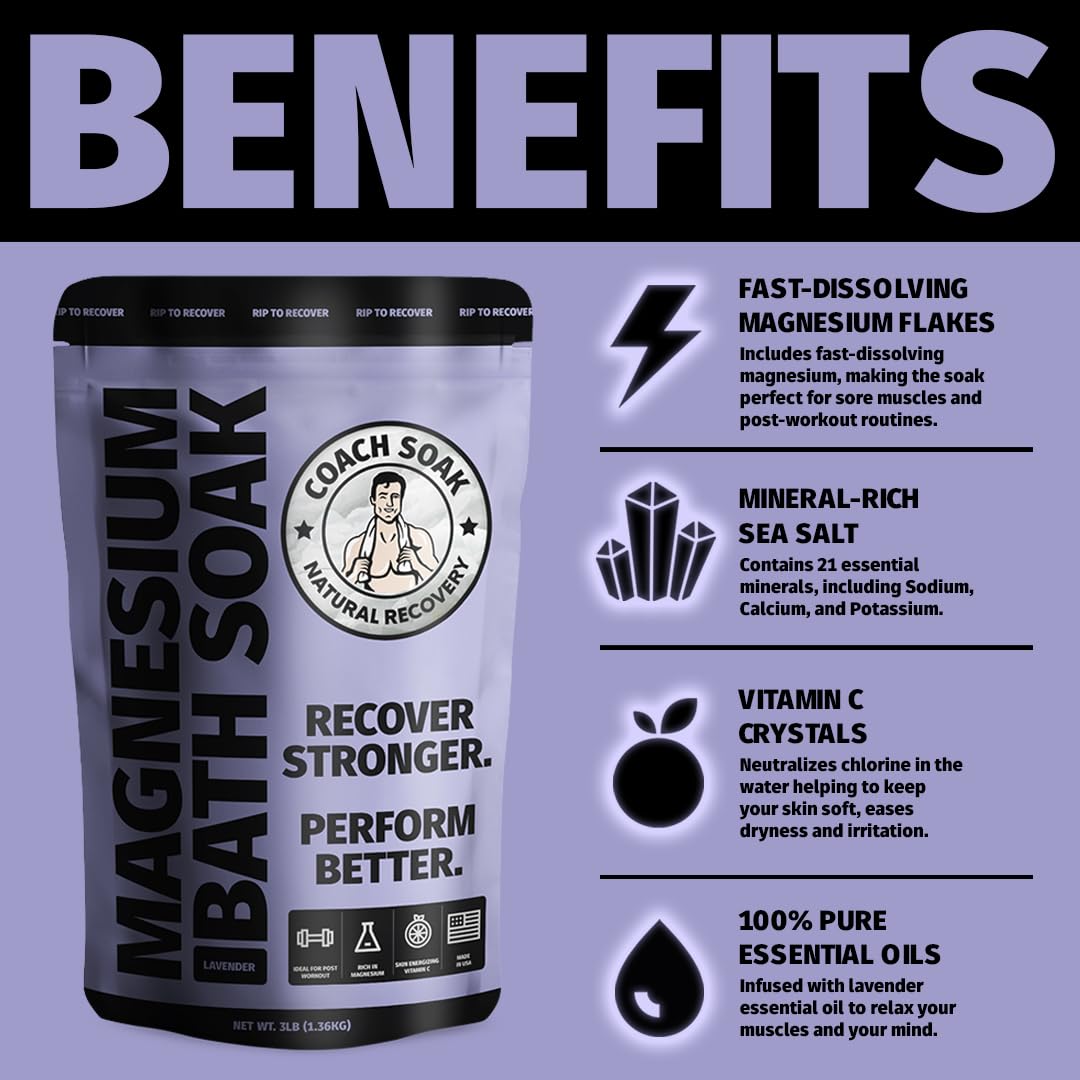 Coach Soak Recovery Bath Soak & Nighttime Magnesium Body Butter Bundle - Calming Lavender Scent - 3lb Bath Salts & 8oz Body Cream with Essential Oils, Magnesium & Shea Butter