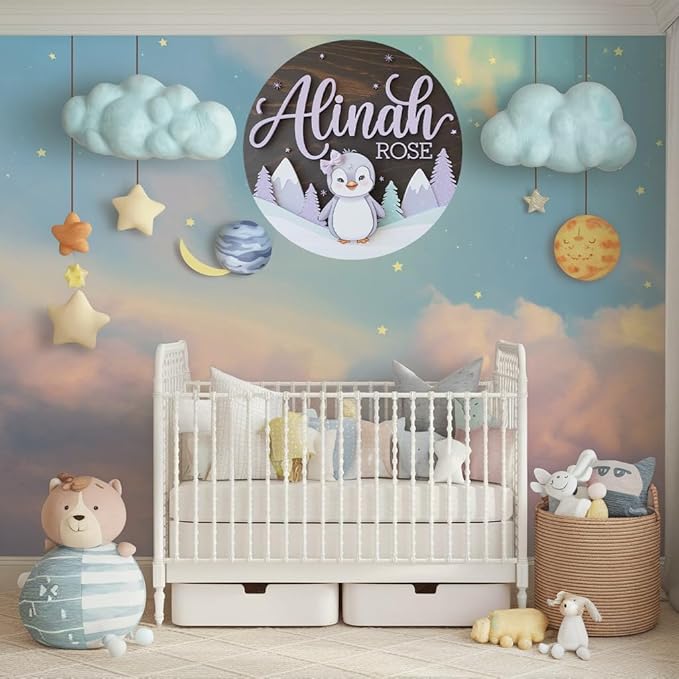 Personalized Name Sign for Nursery, Penguin Sign for Baby Door Decor, Newborn Gifts for Girl, Girls Nursery Wall Bedroom Decorations, Mother's Day Gifts for New Mom Dad Gift