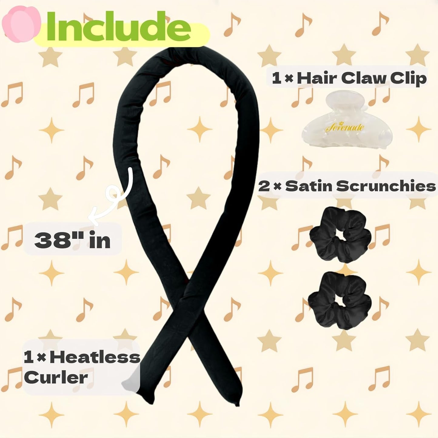Serenade Textured Satin Heatless Curls Overnight, Heatless Hair Curler Curling Set for Women and Girls to Sleep in, with 2 Satin Scrunchies and 1 Clip for Overnight Curls, Black