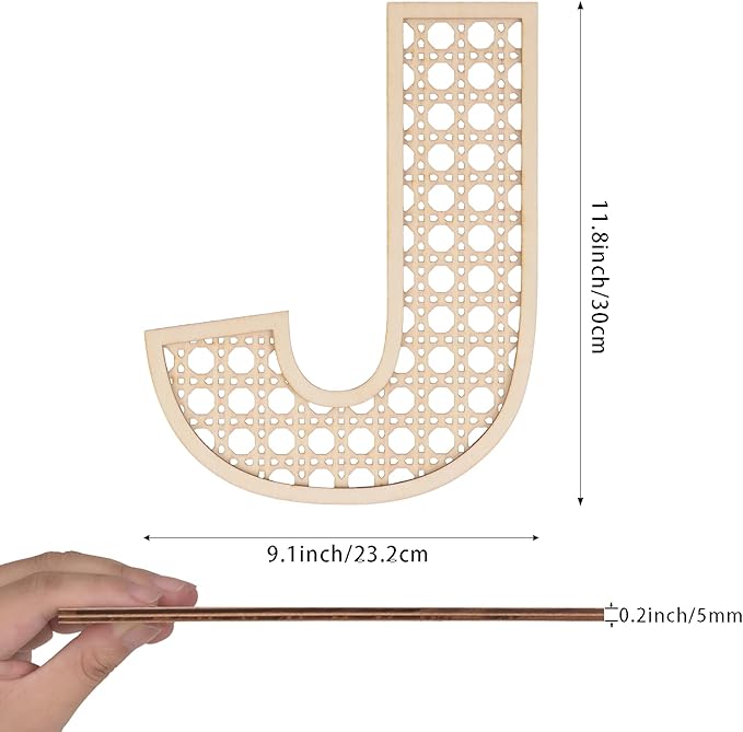 Large Boho Wooden Rattan Letters 12 inch for Nursery Decor Wood Letter J Wall Decors for Baby Girl Boy Bedroom Home Rustic Name Sign Birthday Wedding Decorative Letters