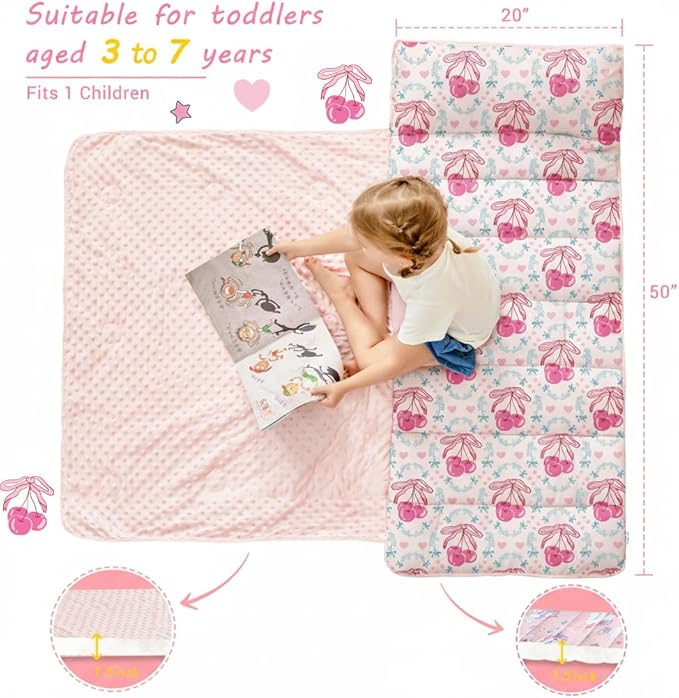 Toddler Nap Mat with Pillow and Blanket, Extra Large Rolled Napping Mats,Slumber Bags for Boys Girls,Kids Sleeping Bag for Daycare, Preschool Travel Camping