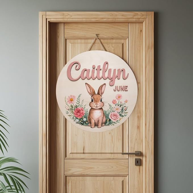 Personalized Name Sign for Nursery, Rabbit Sign for Baby Door Decor, Newborn Gifts for Girl, Girls Nursery Wall Art Bedroom Decorations, Mother's Day Gifts for New Mom Dad Gift