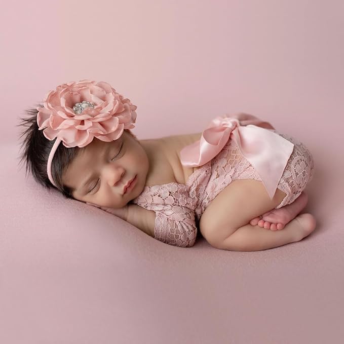 Newborn Girl Photography Outfits, Backless Lace Romper with Flower Headband Photo Props, Baby Girl Photoshoot Outfits