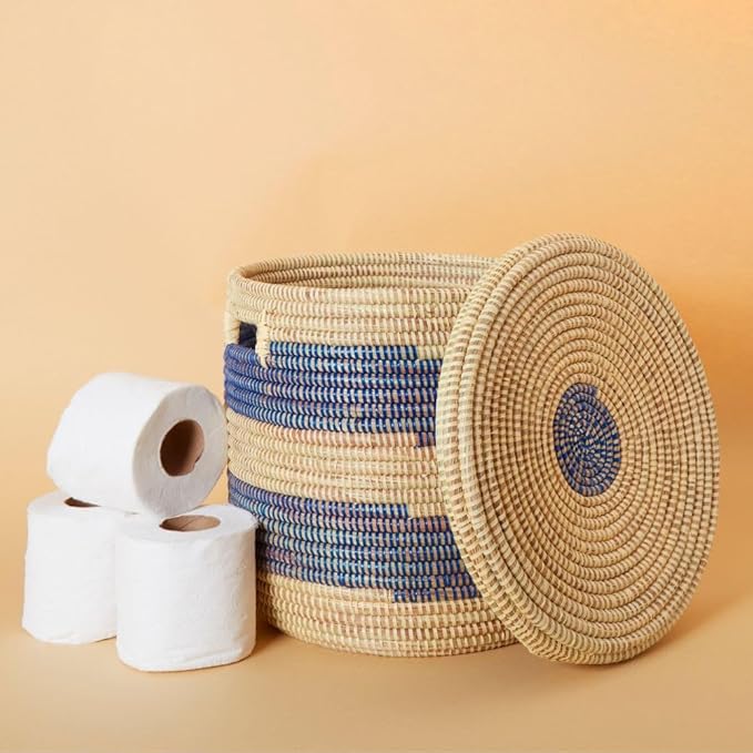 Small Blue Stripes Storage Basket, Organize Living Room, Bedroom, Nursery, Decorative, Wicker, Woven, Round, Handles