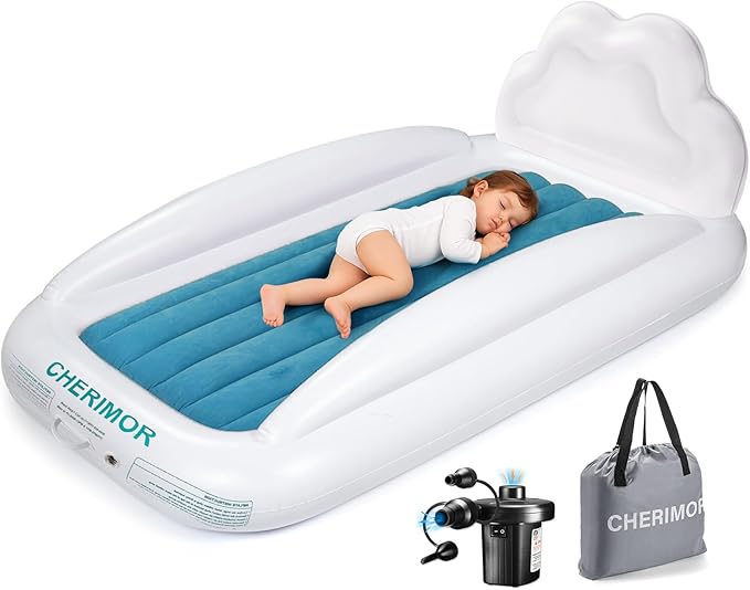 Toddler Air Mattress with Electric Pump, Inflatable Toddler Travel Bed with Safety Sides, Portable Kids Blow Up Mattress for Travel, Camping Grandma Sleepovers Playing Air Bed, Gift for Kids