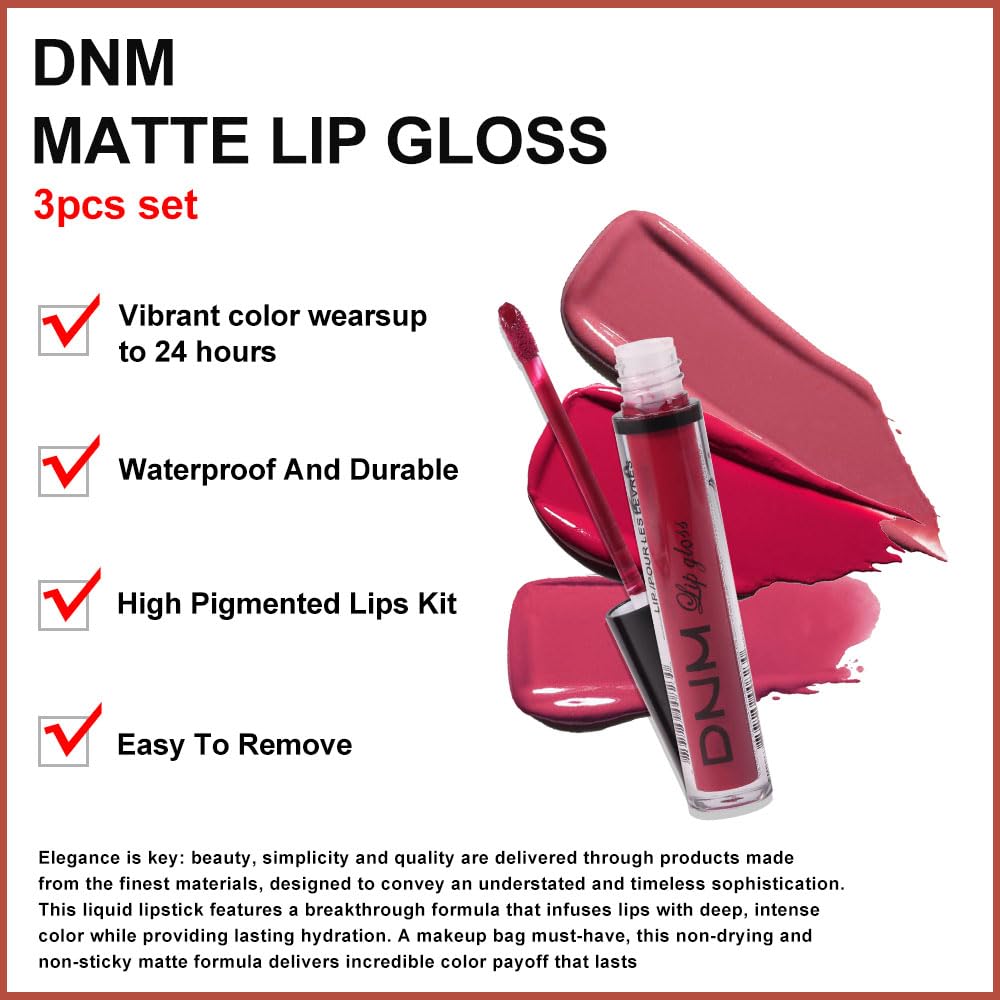 evpct 3Pcs Mauve red Berry pink Rose red Matte Liquid Lipstick Sets for Women 24-hour Matte+Lipstick Lipstick Lip Stain Gloss Long Lasting 24 Smudge Waterproof