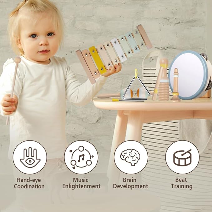 Baby Musical Instruments-Montessori Wooden Toys for Toddlers 1-3,Neutral Colors Percussion Instruments Set with Modern Boho Xylophone for Kids Preschool Educational 3+