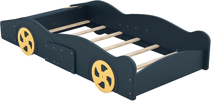 SOFTSEA Twin Car Shaped Bed Frame Modern Car-Shaped Platform Bed with Storage Headboard and Wheels, Wood Twin Platform Bed with Storage for Kids Boys, No Box Spring Needed, Blue+Yellow